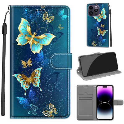 For Various Phone Flip Leather Wallet Painted Butterfly Card Holder Cover Case