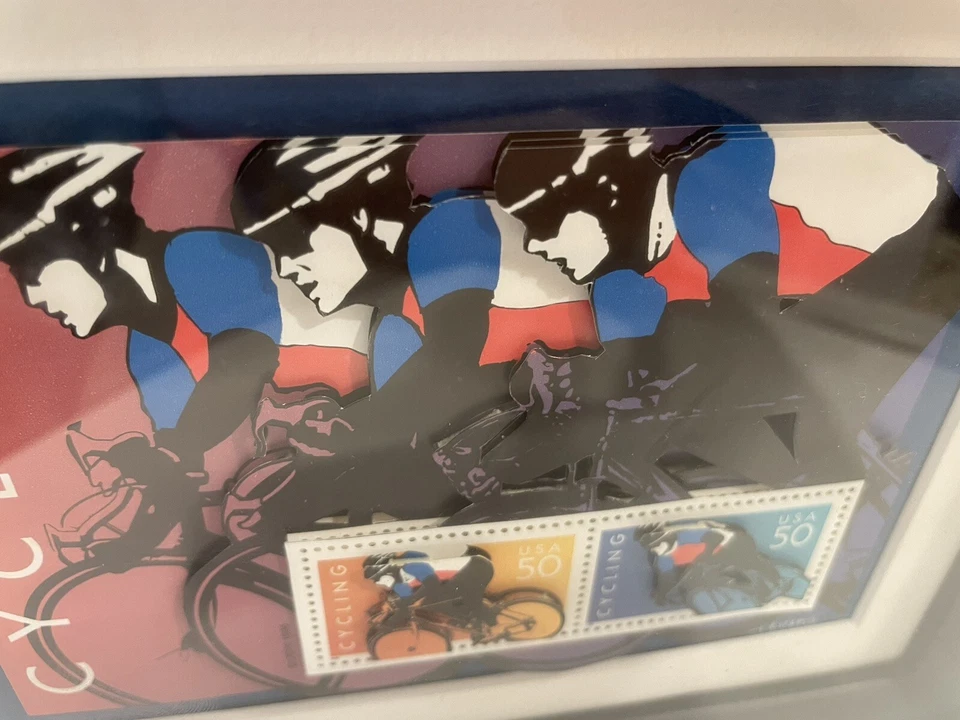 Estampillas #3119 1996 50c Ciclismo 3D Obra de Arte Enmarcada Rara Foto 2 de 4