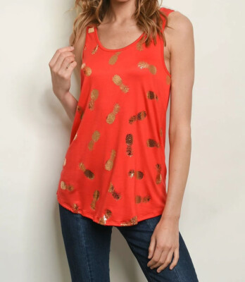 Pineapple Print Womens Top Orange Tank Size XL
