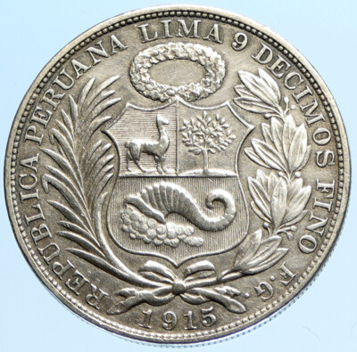 1915 PERU South America 1 SOL Antique BIG Original Silver Peruvian