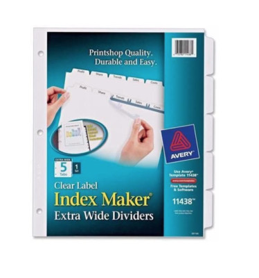 Avery 11438 Index Maker Extra Wide Tab Divider 5 x Dividers  Blank  5 Tab