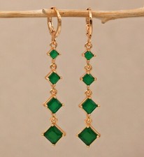 Pretty New 18K Yellow Gold Filled 4 Green Square CZ Mini Hoop Dangle Earrings