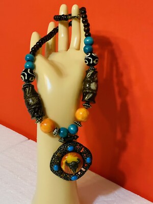 Handcrafted Beaded Necklace With Bull Skull Pendant - Boho  Multicolor Beaded Necklace with Bull Pendant main image 1