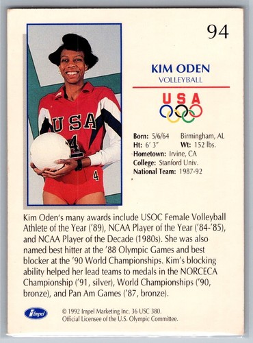 1992 Impel U.S. Olympic Hopefuls Multi-Sport Card #94 Kim Oden Volleyball - Picture 2 of 2