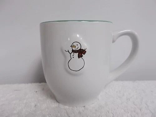 2008 Barnes & Noble Christmas Snowman White & Green Ceramic Coffee Tea Cup Mug