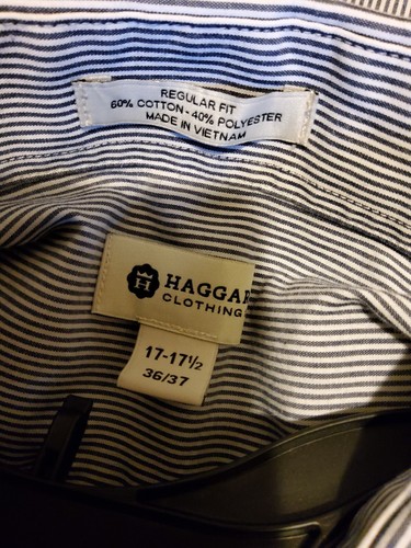 Haggar blau/weiß gestreift Colorblock bestickt unten Knopf Hemd Gr. 17-17... - Bild 4 von 5
