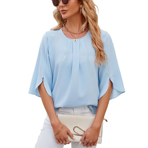 T-shirt donna manica 3/4 top casual chiffon tunica bluse girocollo - Foto 3 di 17