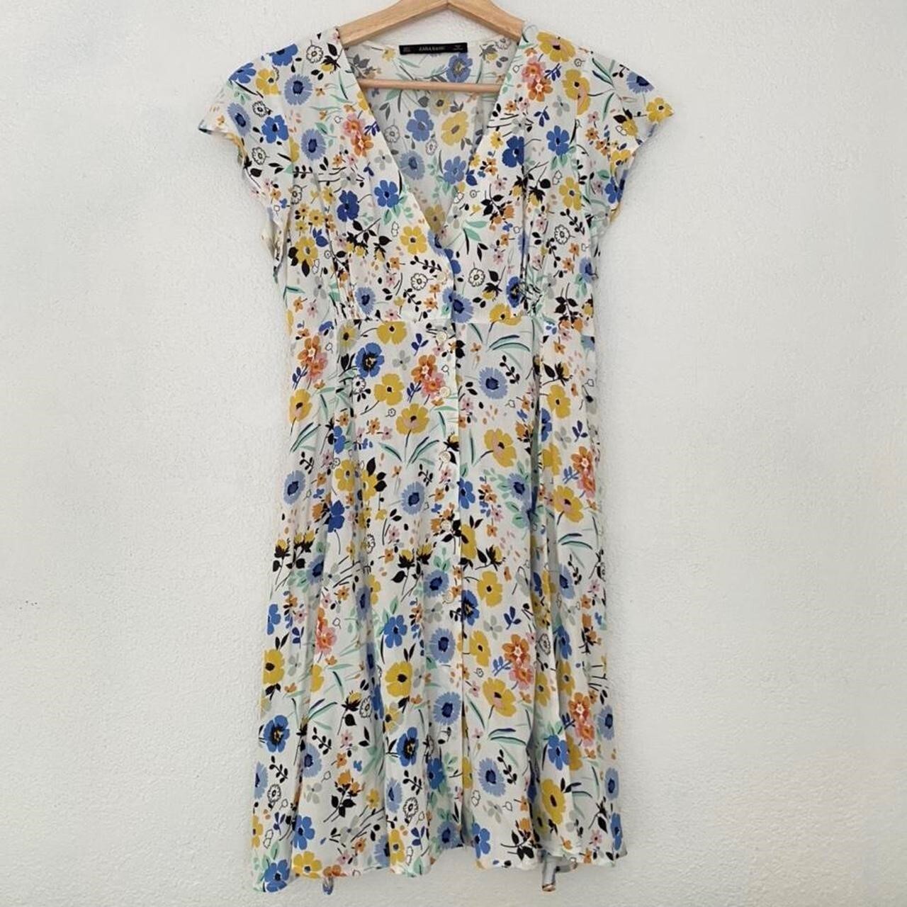 Zara Basic White Floral Deep V Button Down Dress … - image 1