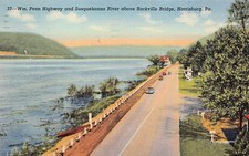 Harrisburg PA Rockville Bridge Susquehanna River Gas Station Vtg Postcard Z4