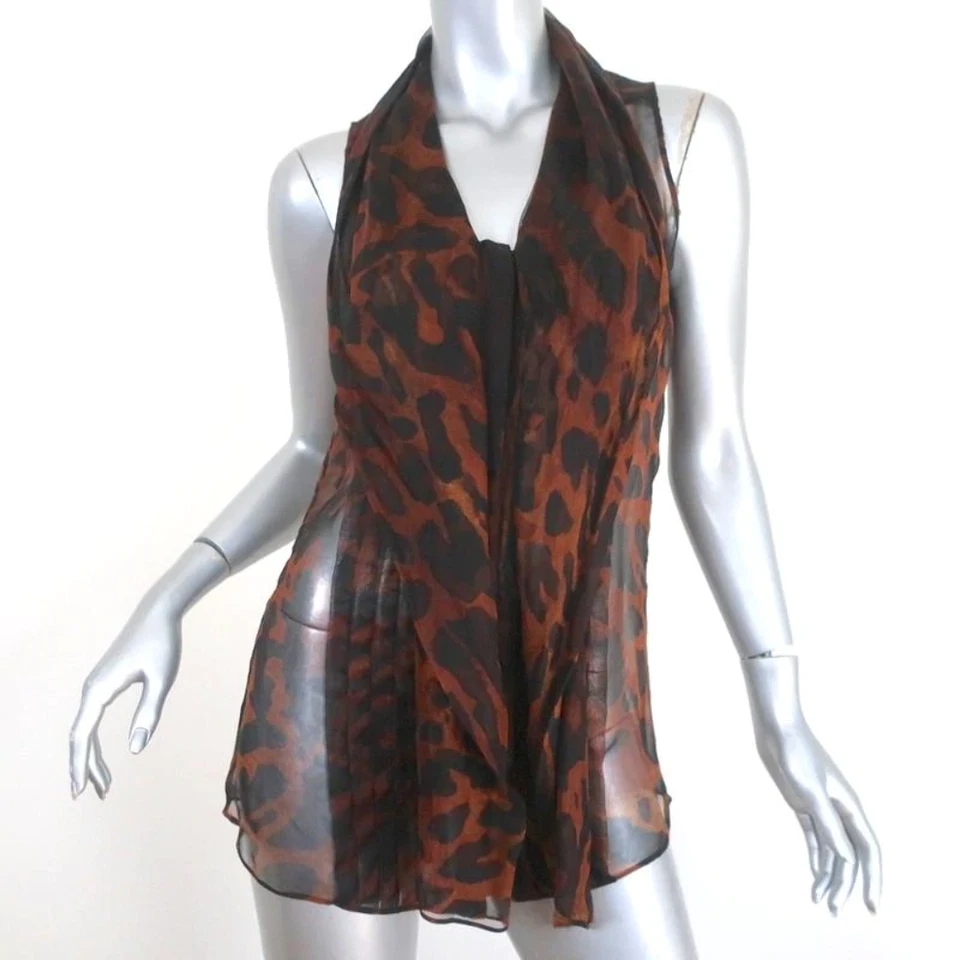 Blusa Alexander McQueen Cuello Corbata Estampado Leopardo Gasa Talla 40 Top Sin Mangas Foto 2 de 4