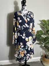 Nine West Sheer Sleeve Navy Floral Midi Dress Elastic Waistband Womens Size 14