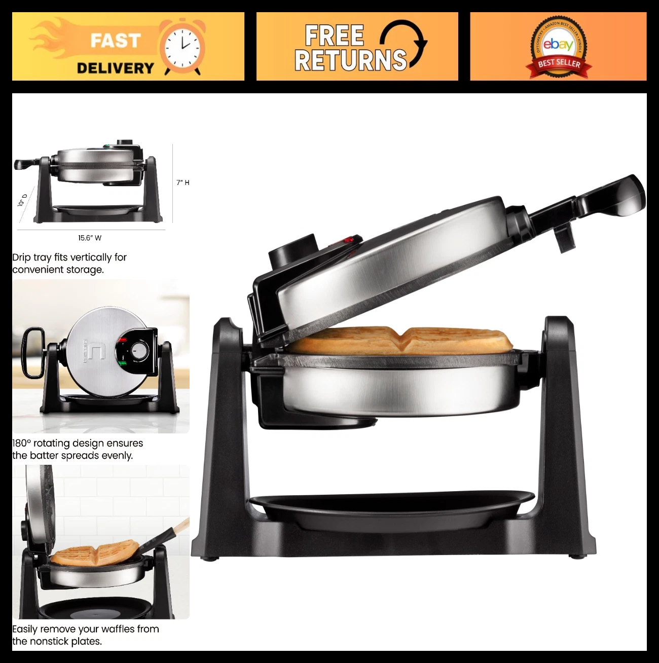 Rotating Belgian Waffle Maker, 180° Flip, Non-Stick Plates, Adjustable Timer, Lo