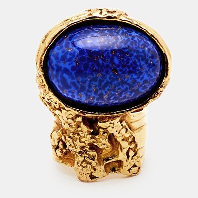 Yves Saint Laurent Blue Cabochon Gold Tone Arty Cocktail Ring Size