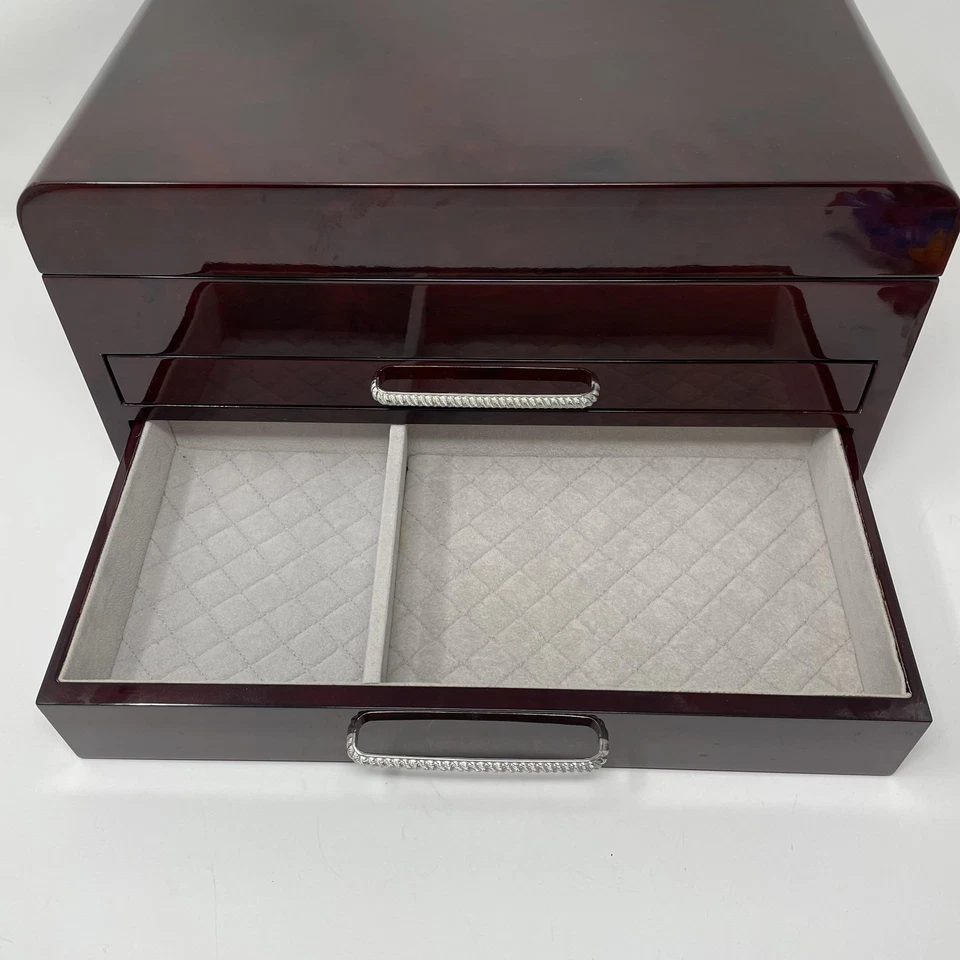 Wood Jewelry Box 2 Drawer Gloss Mahogany Quilted Lined Organizer Chest - Image 4 of 4