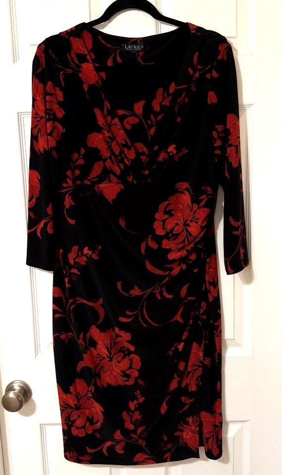 Lauren Ralph Lauren Women’s Black Red Dress Floral 3/4 Sleeve Size Large