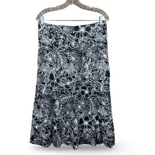 Vtg 90s Linen Midi Skirt Size 8 Hawaiian Black White Floral R.Q.T Tropical