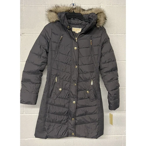 NUOVO CAPPOTTO PIUMINO MICHAEL KORS CANNA DI FUCILE CON CAPPUCCIO PELLICCIA SINTETICA PXS XSMALL PETITE