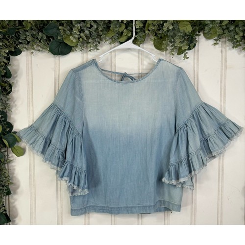 Melrose and Market Women Blouse EXTRA SMALL Boho Tiered Denim Ruffle Hippie
