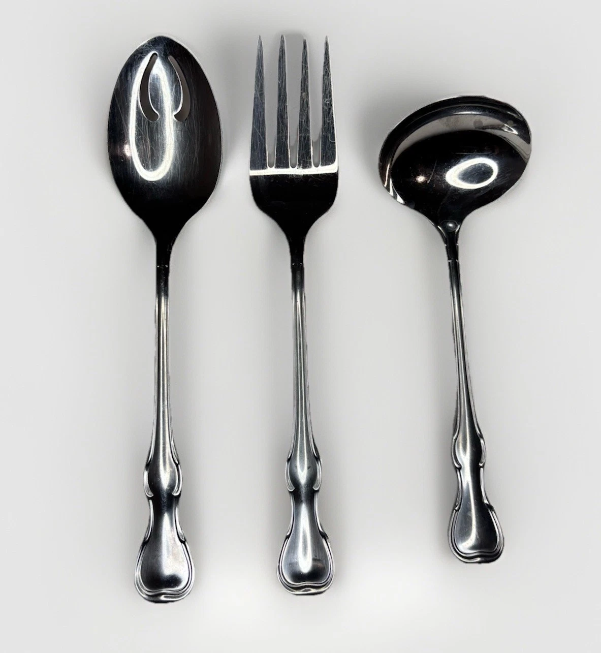Reed & Barton MODERN PROVINCIAL 3-Pc Serving Set Slotted Spoon, Meat Fork, Ladle