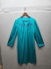 Vintage Turquoise Satin-Like Long Sleeve Embroidered Button-Front Nightgown