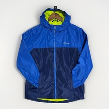 Eddie Bauer Kids L 14/16 Hooded Windbreaker Jacket Blue Two-Way Zip Rain Shell
