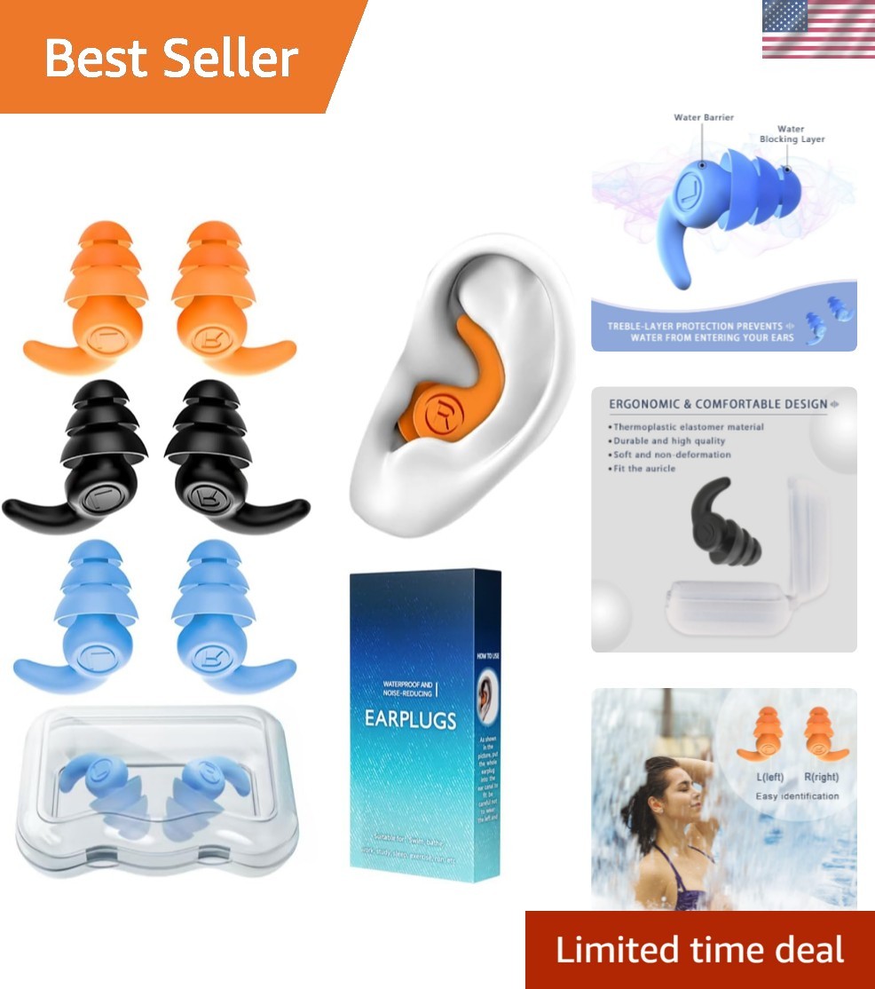 Waterproof Swimming Ear Plugs For Adults, 3 Pairs Reusable Silicone Swimmer E...
