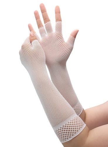 arm fish net Black Fishnet Polyester Warmers (Adult) unisex triangular fishnet finger less gloves have open finger and thumb holes with elastic band top to hold them just below the elbow Leg Avenue Womens Shimmer Fishnet