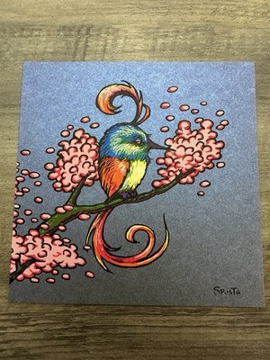 Marq Spusta Polly Bird Mini Print 4x4 On Silver Denim? Blue Goo? Rare Paper