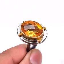 Golden Quartz Two Tone Designer 925 Sterling Silver Handmade Ring S.8 R22