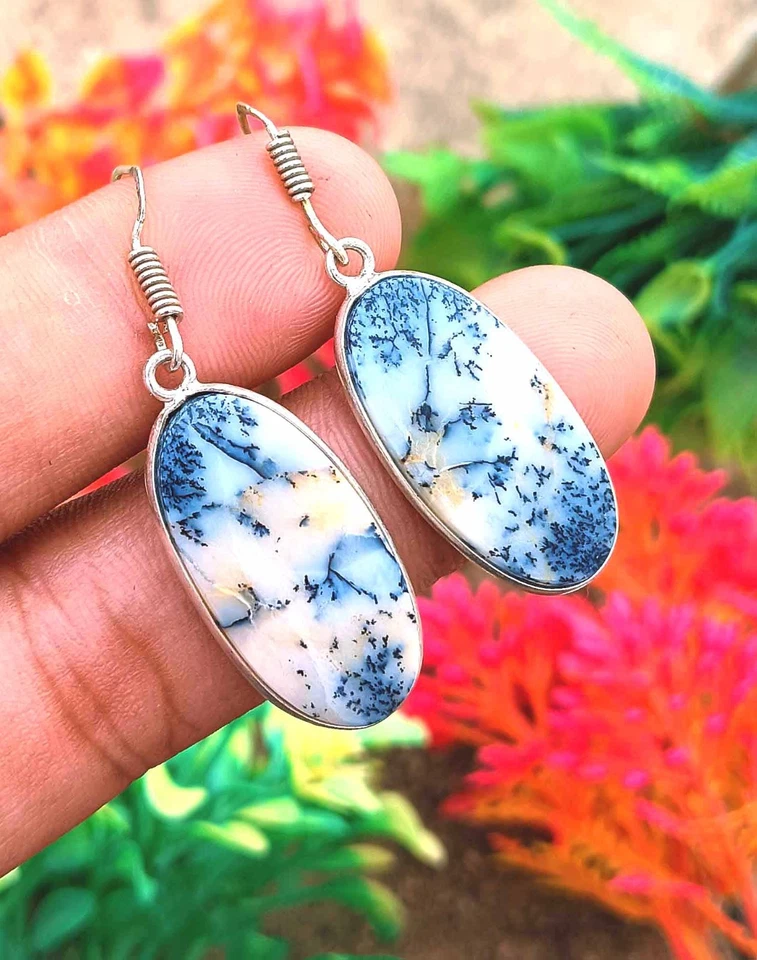 Pendientes de ópalo dendrita hechos a mano enchapados en plata 925 colgantes joyas de piedras preciosas Foto 3 de 3