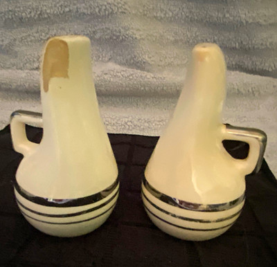 Vintage White Ceramic Salt & Pepper Shakers Set of 2 Silver Striped Glossy