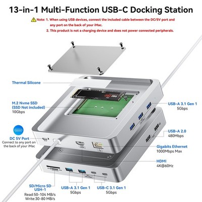 13-Port USB C Hub for iMac 24 inch 2021/2023/2024, iMac