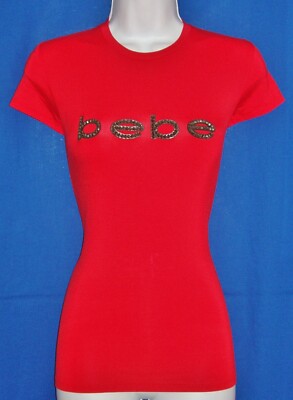 BEBE WOMEN'S SHORT SLEEVE BLACK RHINESTONE LOGO TOP RED SIZE STRETCHY LARGE NWT