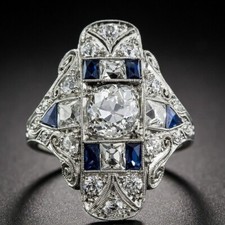 925 Sterling Silver Blue Rhinestone White Topaz Engagement Wedding Ring Size 10