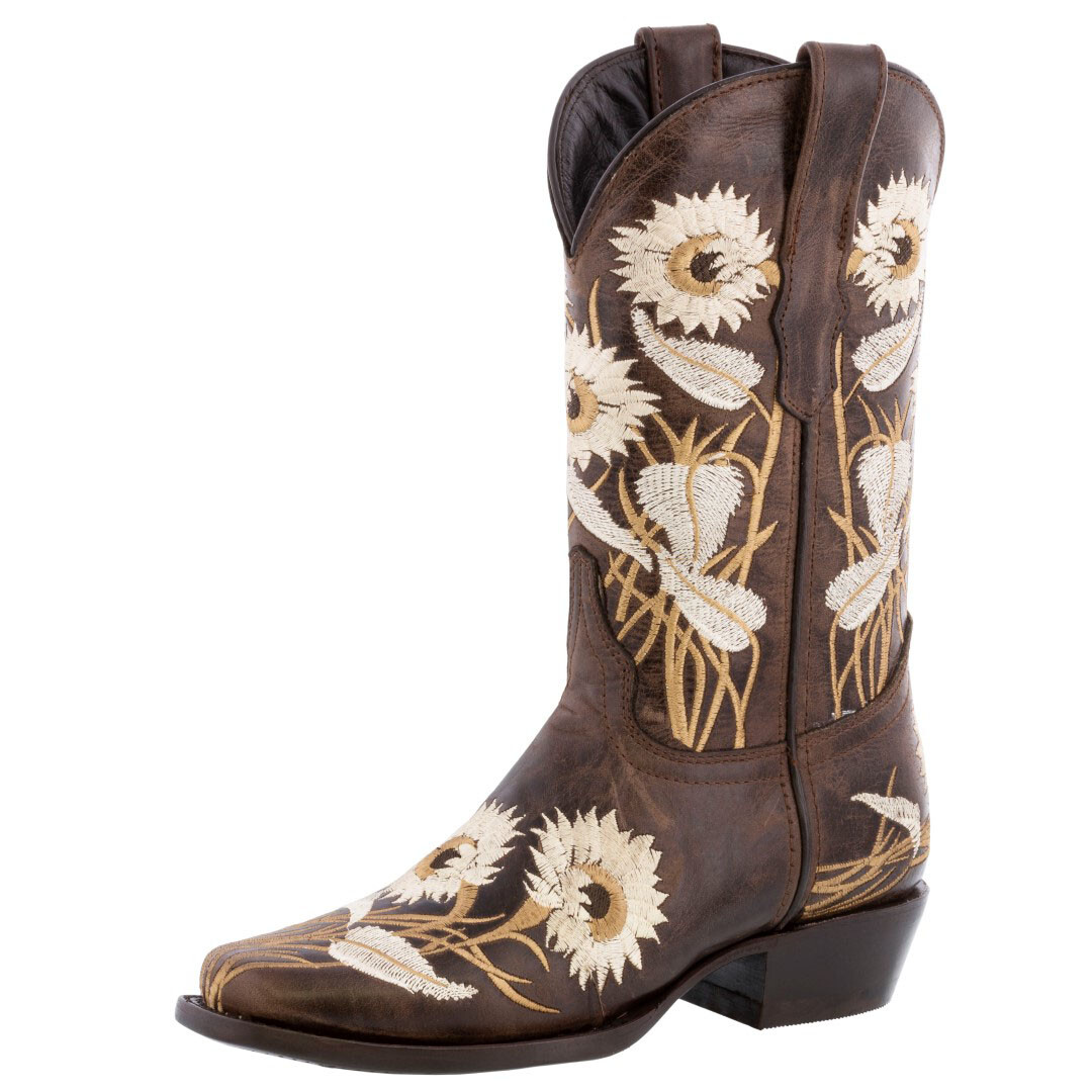 Womens Brown Leather Embroidered Flower 