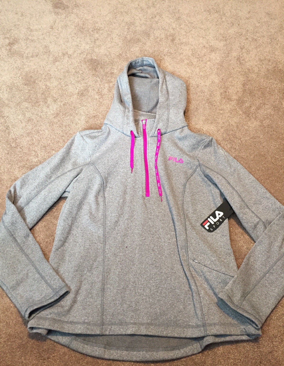 Felpa con cappuccio donna Fila Sport grigia zip atletica fori pollice XL nuova con etichetta