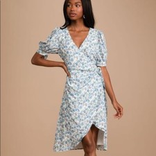 🆕Lulu's Exquisite Style White Floral Print Puff Sleeve Faux-Wrap Dress