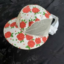 Sun Hat Tie Vintage Womens Mesh Sides Large Brim White Red Roses Floral Flowers