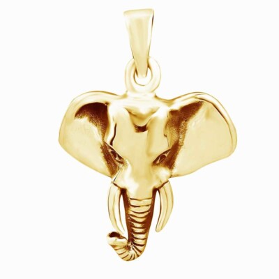 Animal Safari Elephant Head Pendant Necklace 14K Yellow Gold