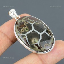 925 Silver Oval Moroccan Mud Crack Fossil Stone Handcrafted Boho Pendant Jewelry
