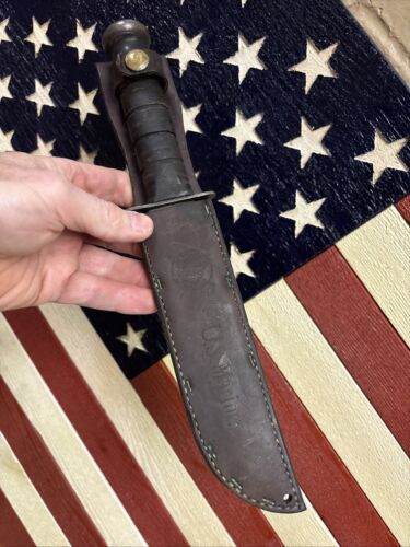 EARLY WW2 USMC KA-BAR FIGHTING KNIFE w SHEATH-US MARINE CORP Olean NY.