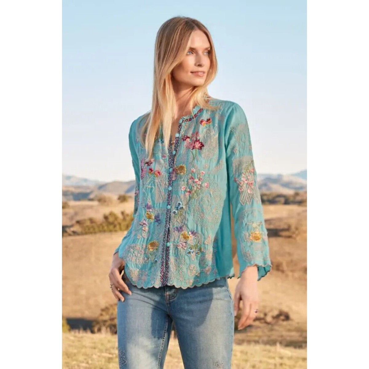 Johnny Was Allbee Blouse Marine Blue Long Shirt Top Flower