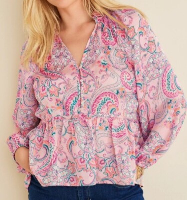 Venus High-Low Lightweight Satin Blouse Top Shirt Pink Paisley Size 14