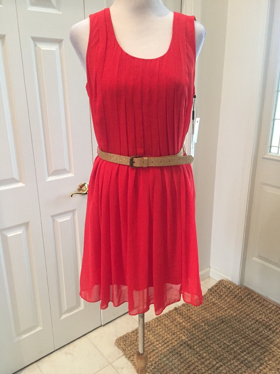 NWT Calvin Klein Red Pop Poppy Gold Belted Pleated Dress 8 NWT Calvin Klein Red Pop Poppy Gold Belted Pleated Dress 8