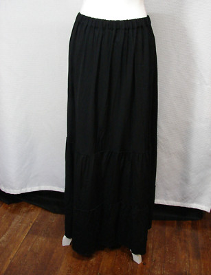 FLAX Black Rayon Crepe Tiered Maxi Skirt Pull On Elastic Waist Sz L Goth Witchy