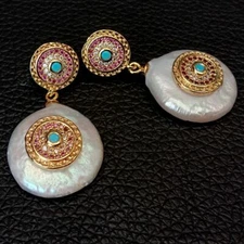 Freshwater White Coin Pearl Cz pave Stud Earrings