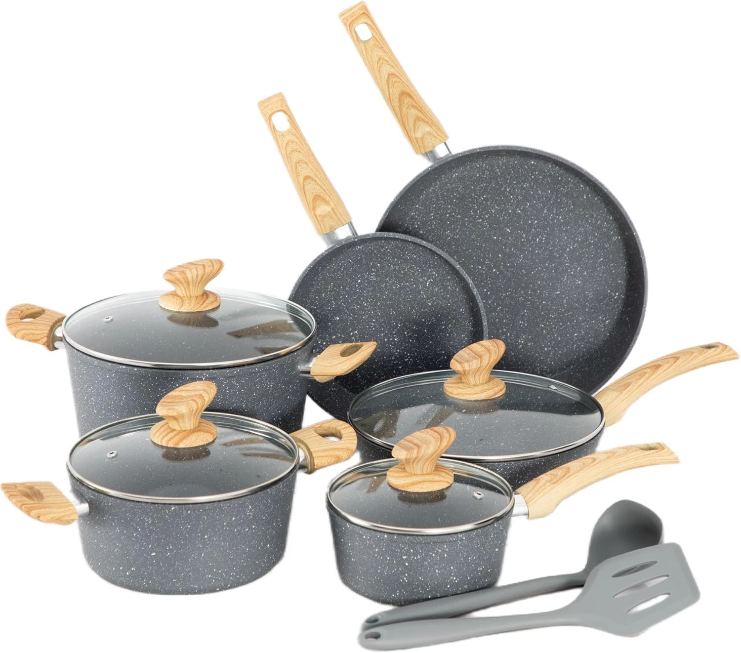 12-Piece Non-Stick Grey Granite Cookware Set - Induction Compatible Pots & Pans