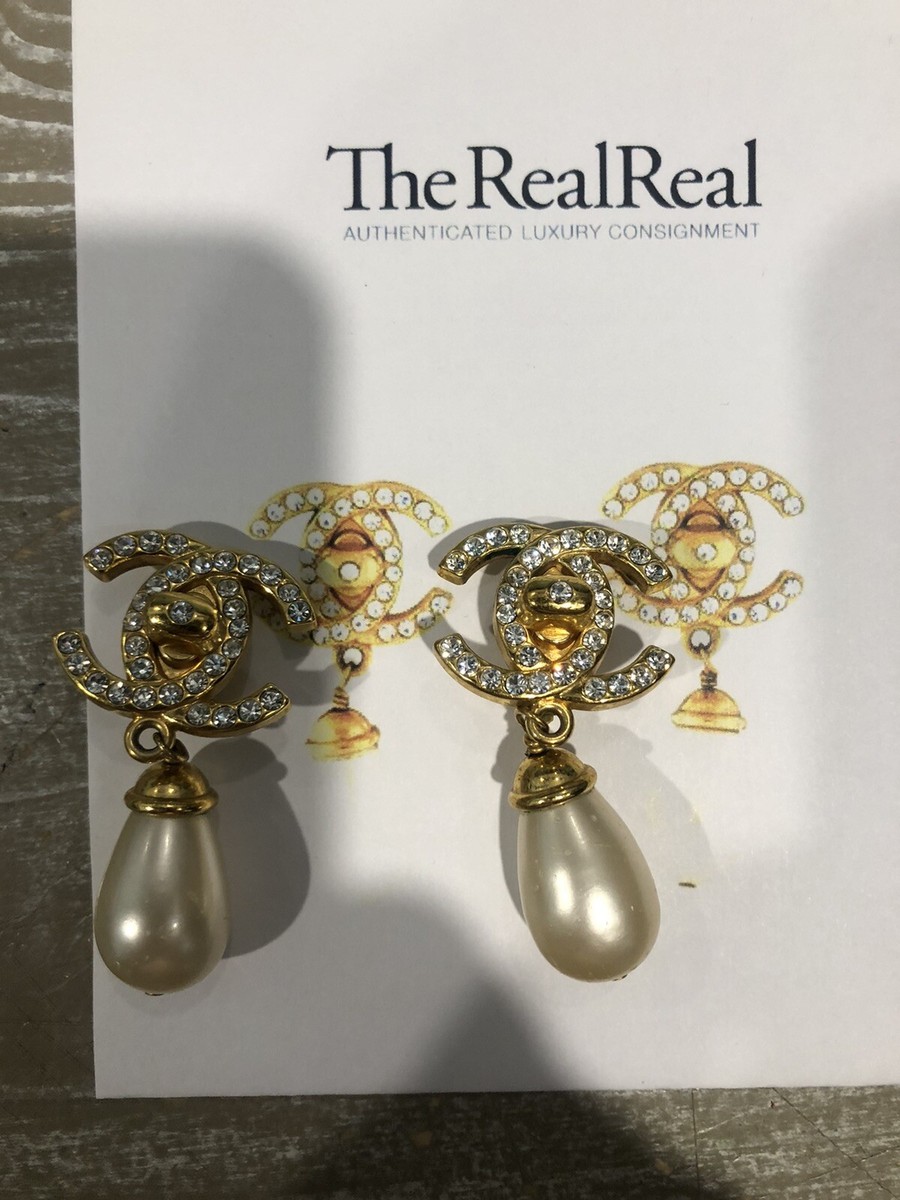 Chanel Logo CC Pearls Crystals Gold Drop Dangle Earrings | eBay