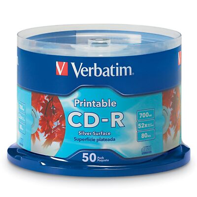 Verbatim CD-r Blank Discs 700Mb 80 Minutes 52X Silver Inkjet Printable Electr...