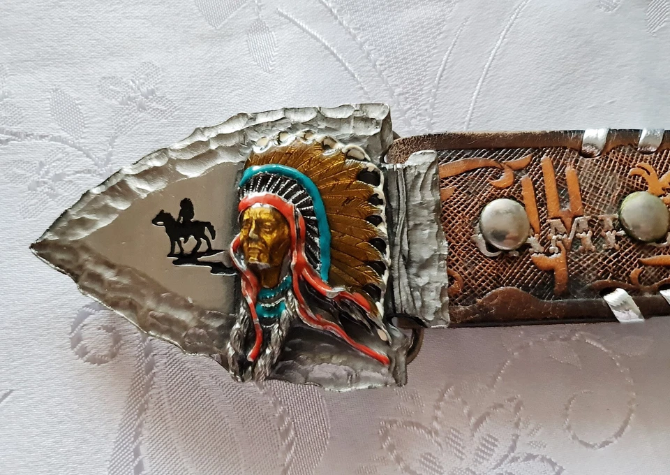 AUTENTICA CINTURA IN PELLE EL CAMPERO STATI UNITI SISKIYOU NATIVA INDIANA FIBBIA - Immagine 2 di 4